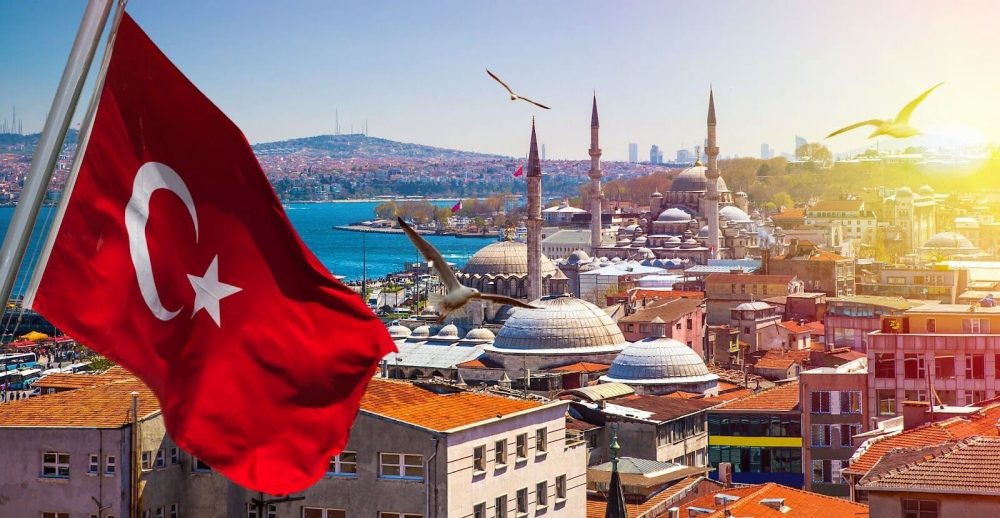 Turkish flag on the background of Istanbul