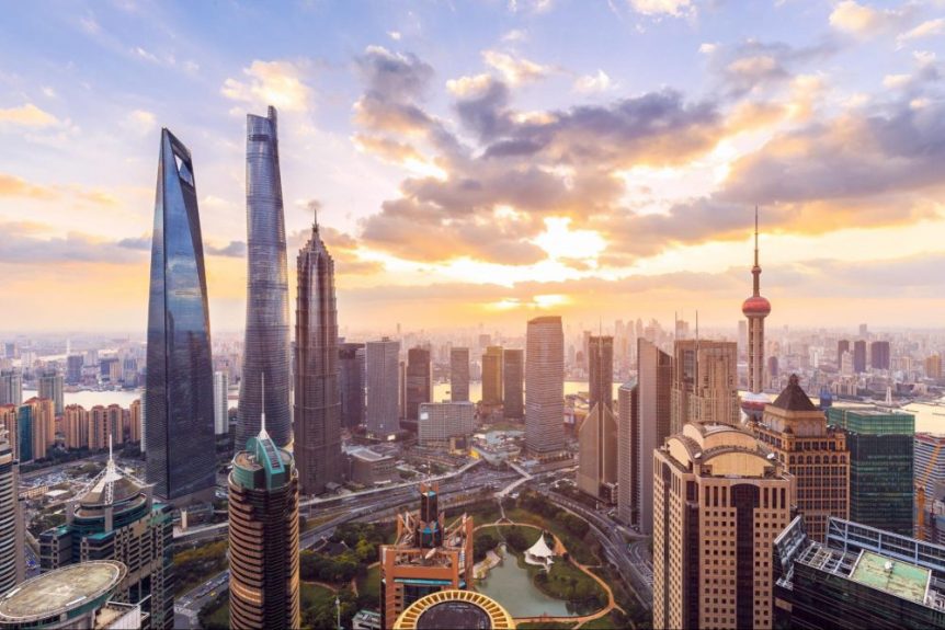 shanghai skyline and cityscape at sunset