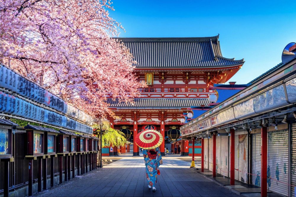 Asian woman wearing japanese traditional kimono at Temple in Tokyo, Japan