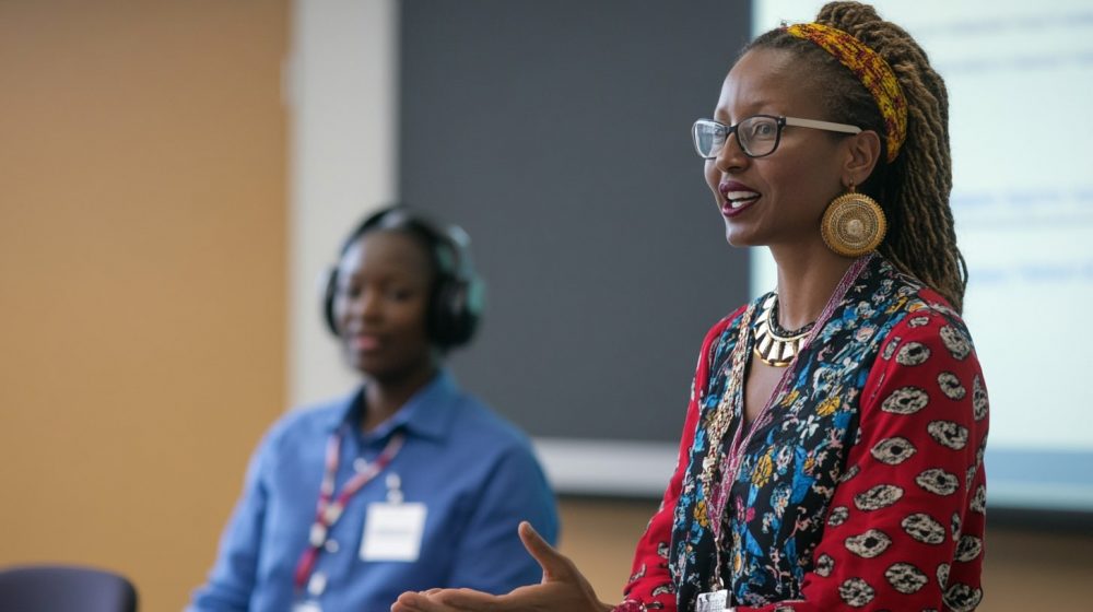 An interpreter at a conference interpreting a scholar’s lecture