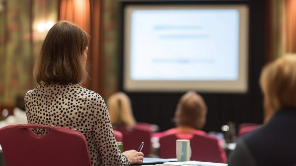 An interpreter on a conference seen from the back